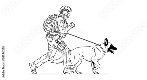 Military police officer with tactical gear and K9 dog on leash, running in action