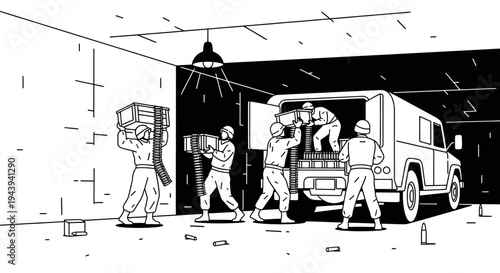 Military personnel loading ammunition crates into a truck for transport