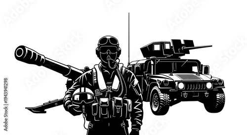 Military Pilot with Cannon and Humvee - Soldier, Weapon, Vehicle, Combat, Power
