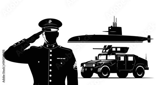 Military Salute: Soldier, Submarine, and Humvee - Symbolizing Armed Forces and Defense