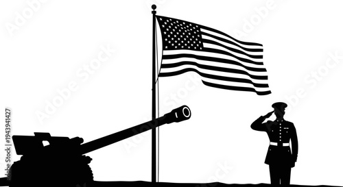Military Salute: Soldier, Cannon, and American Flag Silhouette