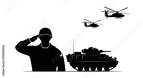 Military Salute: Soldier, Tank, and Helicopters in Formation