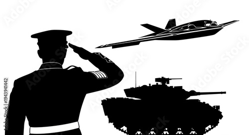 Military Salute: Soldier, Tank, and Jet Silhouette - Symbol of Defense and Power