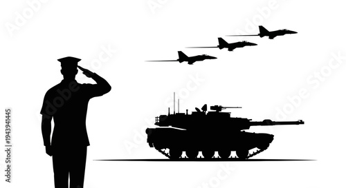 Military Salute: Soldier, Tank, and Fighter Jets in Formation