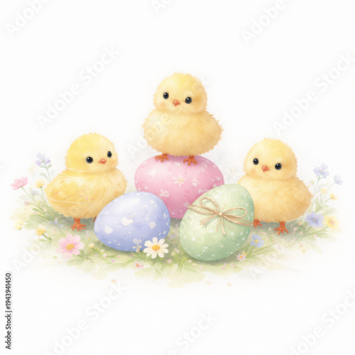 Cute yellow chick and easter egg in spring watercolor style. Pastel flower garden creates joyful happy feeling. Small bird sits near decoration on white background
