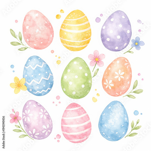 Easter egg watercolor pastel floral spring pattern decoration holiday seasonal set evokes joyful festive emotion through soft hand painted colorful illustration on clean white background