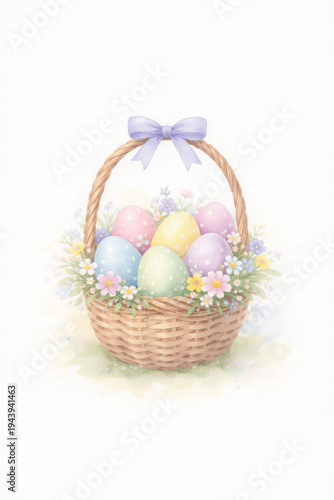 Easter egg basket wicker pastel spring flower ribbon bow watercolor painting brings joy happy feeling seasonal holiday celebration tradition floral decoration ornament white background soft art