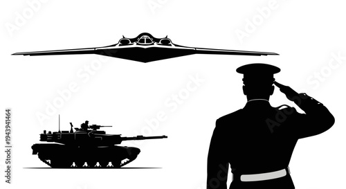 Military Salute: Soldier, Tank, and Stealth Bomber Silhouette