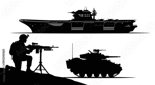 Military Silhouette: Aircraft Carrier, Soldier with Machine Gun, Armored Vehicle
