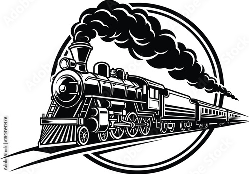 Classic steam locomotive train, black and white silhouette, vintage railway artwork, smoke billowing engine, passenger cars, circular frame retro design