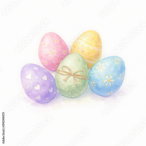 Joyful assorted group watercolor easter egg collection with pastel color and pattern such as flower heart and ribbon decoration on white background brings happy spring festive atmosphere