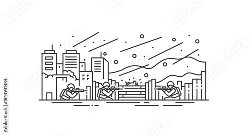 Military soldiers in urban combat, city skyline, war, conflict, abstract line art illustration