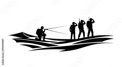 Military Special Forces Team on Patrol in Rough Seas, Silhouette