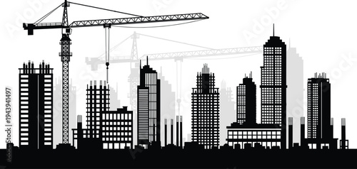 Cityscape construction silhouette, high-rise buildings, tower cranes, urban development artwork, black and white skyline, architectural growth illustration design