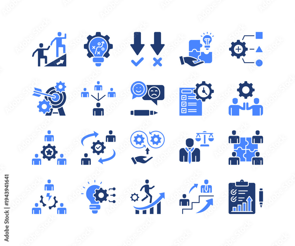 Fototapeta premium Executive Management Icon Collection, featuring Strategic Leadership, Resource Planning, Talent Development, Succession Strategy, Evaluation, Organizational Growth, Decision Making.