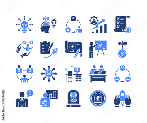 Business Innovation Icon Collection,  featuring Innovation Startup, Product Strategy, Business Growth, Venture Funding, Networking Opportunities, Startup Workspace, Mentor Support.