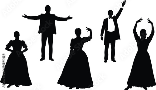 Elegant ballroom dance silhouettes, men in tuxedos and women in long gowns, dramatic poses, black vector illustration, vintage formal dance figures collection