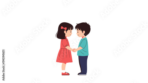 Cute illustration of a young boy and girl standing together and holding hands on a clean white background.