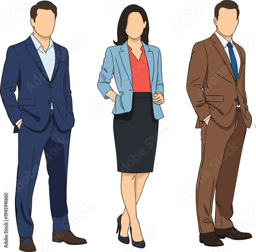 Elegant business professionals in tailored suits and blazers, vector fashion illustration, navy blue, light blue, brown formal office attire collection