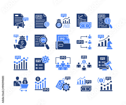 IPO Process Icon Collection,  featuring IPO, Prospectus, Valuation, Market Cap, Investor, Equity, Stock Exchange.