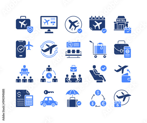 Travel Management Icon Collection,  featuring Travel, Booking, Flight, Itinerary, Airport, Boarding, Visa.