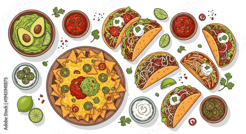 Delicious Mexican Food Feast - Tacos, Nachos, Guacamole, and Salsas.