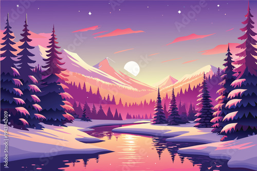 Winter Sunset Landscape with Snow-Covered Mountains and Pine Trees Reflecting in River