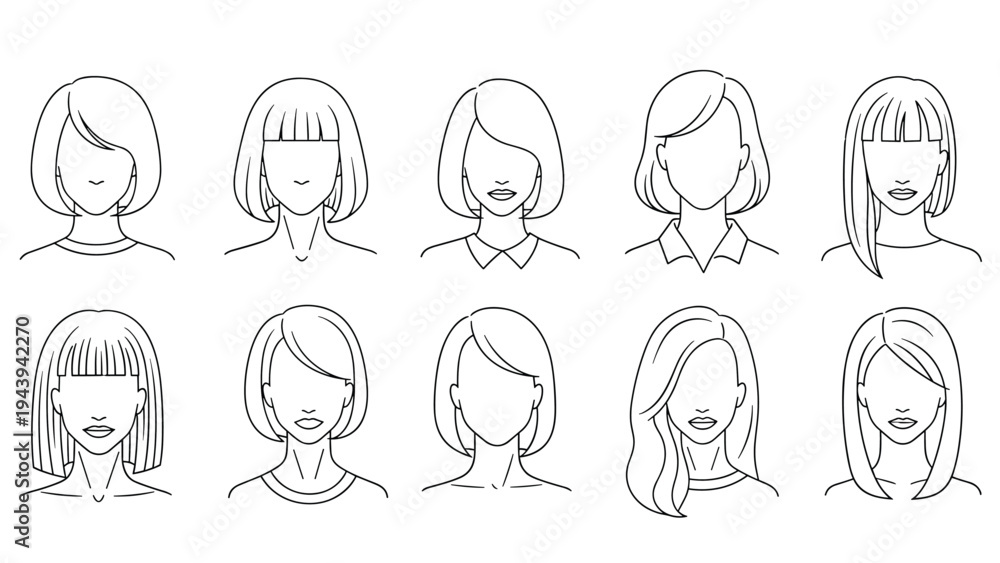 Obraz premium Set of ten simple black line outlines representing female faces with various modern and trendy hairstyles.