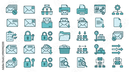 Teal Icons Set of Email Security and Communication Symbols Vector illustration