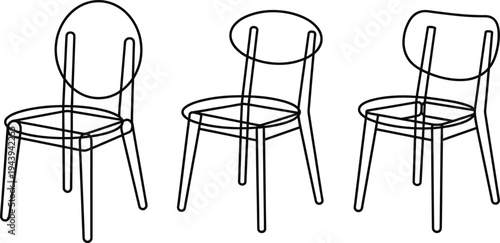 Minimal line art chair set with modern wooden dining chairs different backrest styles furniture outline vector illustration for interior design concept