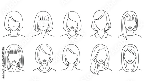 Set of ten simple black line outlines representing female faces with various modern and trendy hairstyles.