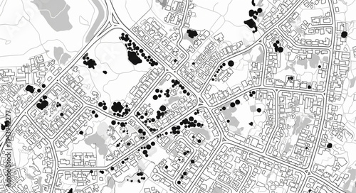Detailed Black and White Map of a Densely Populated Urban Area.