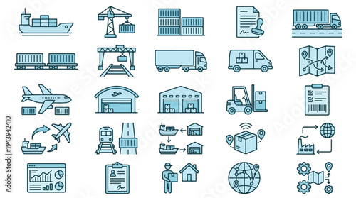 Logistics Icons Set with Shipping Containers, Trucks, Airplane and and Warehouse Symbols Vector illustration