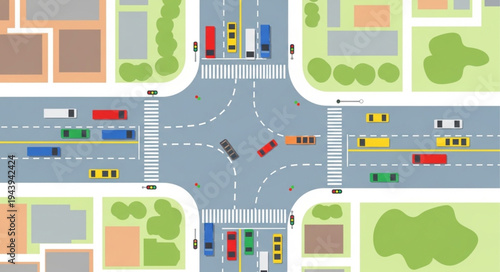 Aerial View of a Busy City Intersection with Traffic.