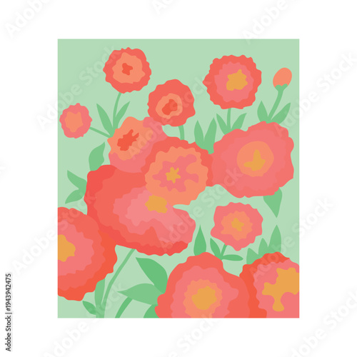 Colorful flat poppies in form of square. Flat vector illustration. Poppy. Botanical art. Naive minimal and beautifully decorative floral artwork.