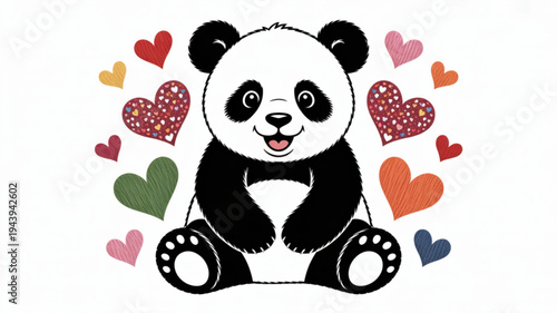 Cute panda bear surrounded by colorful hearts smiling and sitting conveying love and affection in a playful illustration