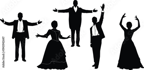 Elegant vintage ballroom dancing silhouettes, men in suits and women in long dresses with raised arms, joyful group dance poses celebration