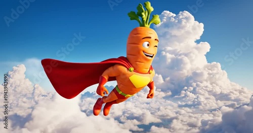 Cartoon carrot superhero flying high.