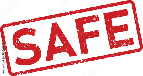 A clear red grunge textured rubber stamp showcasing the reassuring word SAFE against a bright white surface