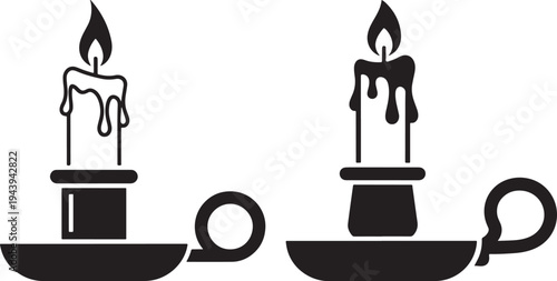 Candle in candlestick icon, burning flame, vintage light symbol, illumination graphic, Candle, Candlestick, Icon, Flame, Light, Graphic, Design, Element, Silhouette