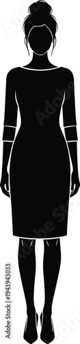 Elegant woman silhouette in fitted midi dress, back view standing pose, black vector illustration, sophisticated evening gown fashion figure