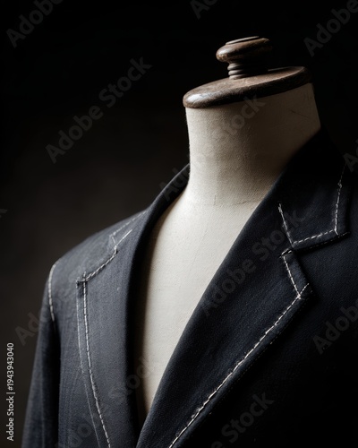 Antique tailor mannequin with a half-finished suit jacket, white basting stitches visible