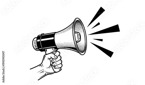 Hand holding megaphone loudspeaker vector illustration with sound announcement symbol for marketing promotion, public announcement, protest message and communication concept