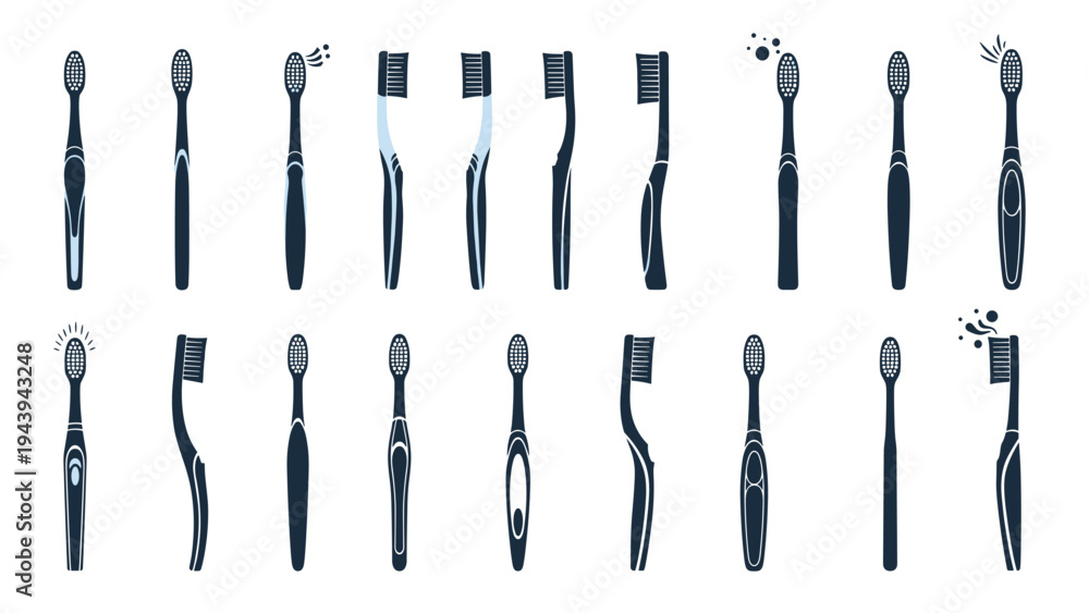 Naklejka premium Comprehensive collection of various toothbrush silhouettes showcasing different handle shapes and bristle head designs.