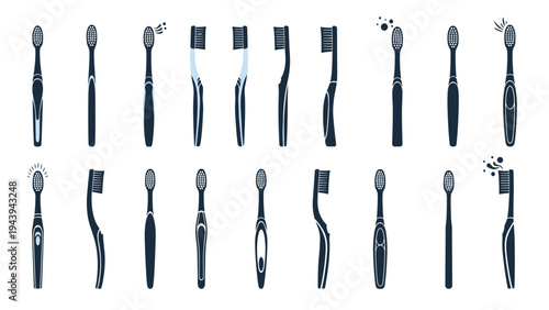 Comprehensive collection of various toothbrush silhouettes showcasing different handle shapes and bristle head designs.