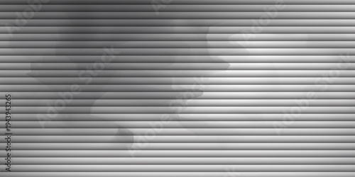 Acrylic satin corrugated glass texture light gray background. Blurred soft ribbed transparent striped door window overlay. Metal silver reeded polycarbonate sheet. Abstract vertical gradient pattern