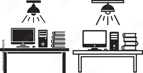 Desk with computer and books icons, study or work station illustration, Desk, Computer, Books, Icon, Workstation, Study, Table, Lamp, Light, Vector, Illustration