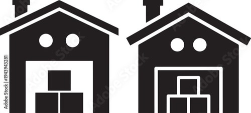 Warehouse icons with boxes, storage building with chimney and open door, Warehouse, Storage, Boxes, Icon, Building, Illustration, Vector, Chimney, Door, Cargo