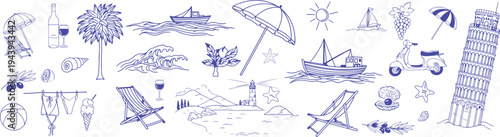 Italian summer vacation doodle style illustration set. Italian summer vacation doodle illustration set with hand drawn coastal sea beach travel elements.