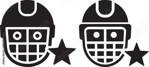 Black Icon of a Hockey Helmet with Protective Cage and Star Accent with Helmet with Hockey with Sports with Icon with Silhouette with Black with Vector with Illustration